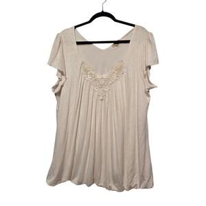 One World Lace Trim Bubble Hem Tunic Top Womens 2X Ivory Flutter Sleeve Boho